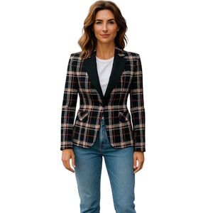 1.State Blazer Womens Size 4 Black Red Digital Plaid Fitted Preppy Clueless 90’s
